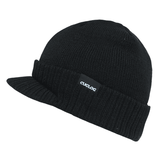 A beanie with a flat brim, featuring a black knit design and a small logo on the side.