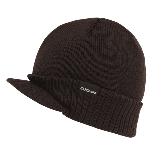A brown beanie hat with a fold-over cuff and a small logo patch.