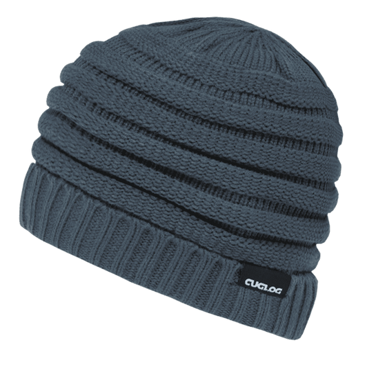 A dark grey slouchy beanie with a textured knitted design and a small logo tag.