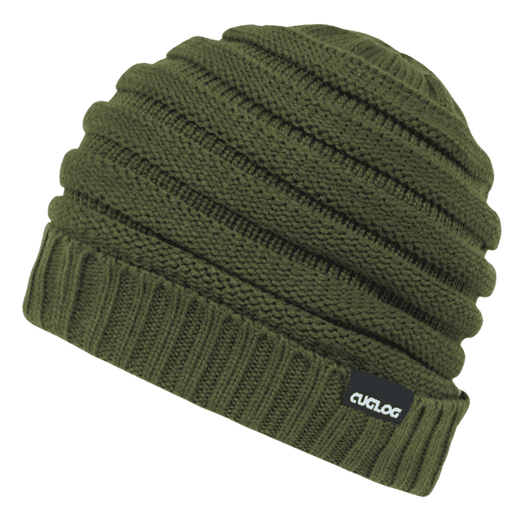 A slouchy beanie in olive green, featuring a ribbed base and a small logo tag on the side.