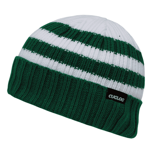 A green and white striped sweater beanie with a branded logo on the cuff.