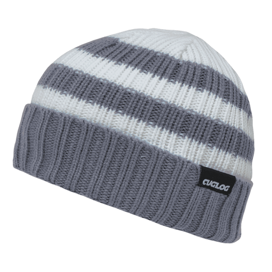 A grey and white striped beanie with a ribbed cuff and a small logo.