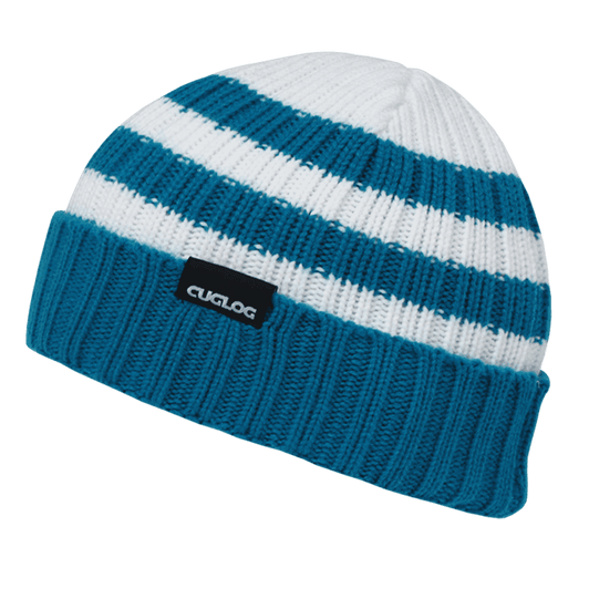 A striped sweater beanie in teal and white, featuring a knitted design and a branded patch.
