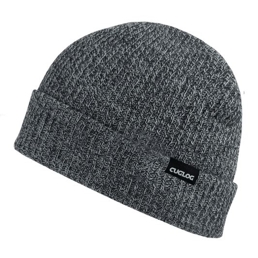 A grey cuff beanie with a textured pattern and a small logo patch.
