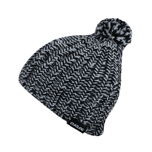 A black and white knitted beanie with a pom-pom on top and a logo on the side.