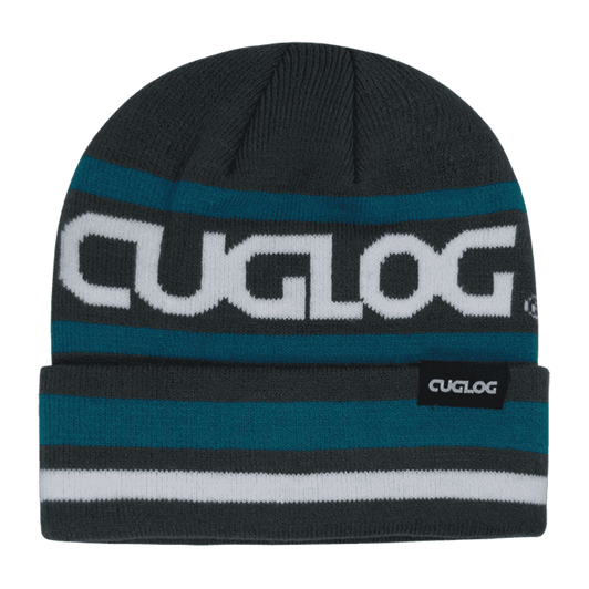 A dark grey beanie with teal and white stripes, featuring a logo.