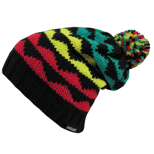 A knitted beanie featuring black, red, yellow, and green patterns with a colourful pom-pom on top.