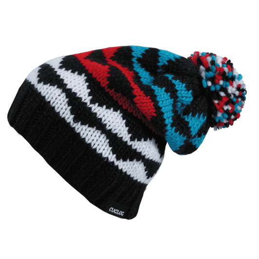 A multicoloured beanie featuring black, white, red, and blue patterns, with a pom-pom on top and a logo.