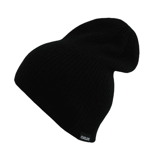 A black beanie with a ribbed texture and a small logo on the side.