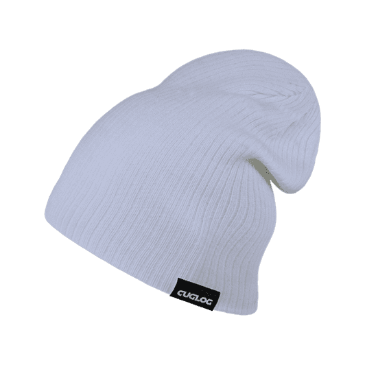 A white ribbed beanie with a black logo tag on the side, featuring a slouchy design.