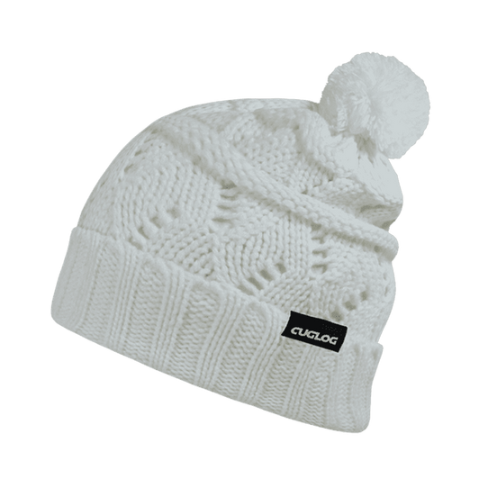 A white knitted beanie featuring a pom-pom and a small logo tag.