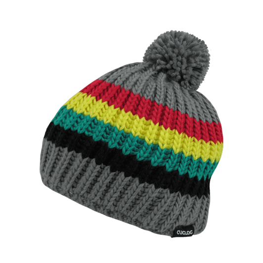 A knitted beanie featuring grey, red, yellow, green, and black stripes, topped with a pom-pom. It has a logo.