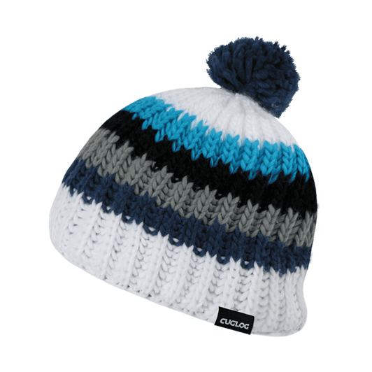 A striped beanie in white, blue, grey, and black with a pom-pom on top and a small logo on the side.