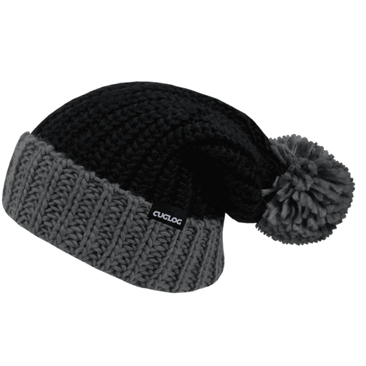 A black and grey beanie with a chunky knit pattern and a pom-pom on top, featuring a logo.