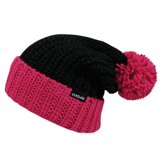 A black and pink beanie with a large pom-pom on top, featuring a logo tag.
