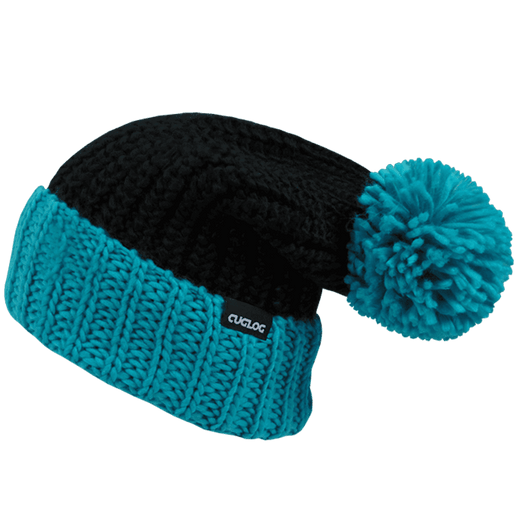 A black and teal knitted beanie with a large pom-pom on top and a logo on the side.