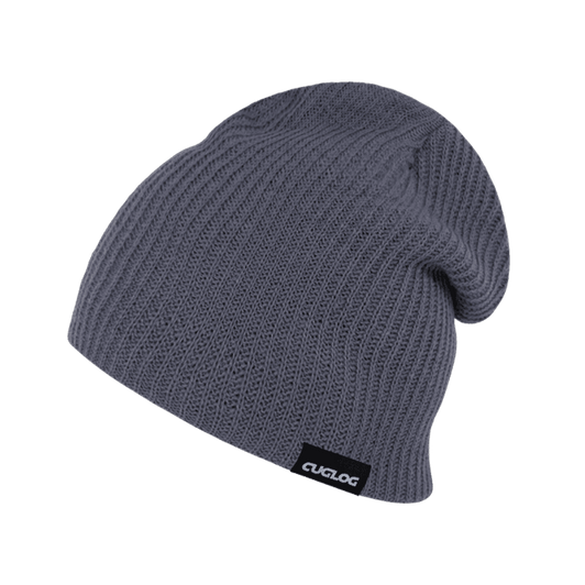 A grey beanie with a ribbed texture and a small logo on the side.