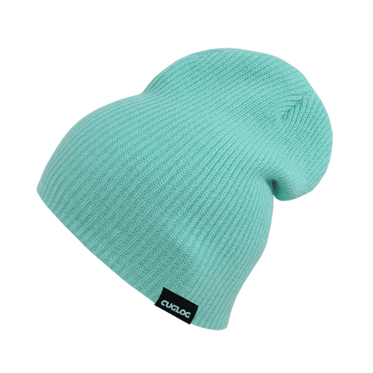 A mint green beanie featuring a slouchy design and a small logo tag.