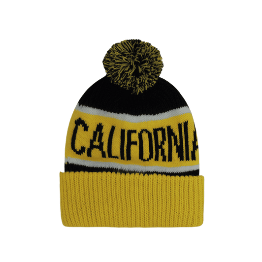 A yellow beanie with black and white stripes, featuring a pom-pom on top and the word "CALIFORNIA".