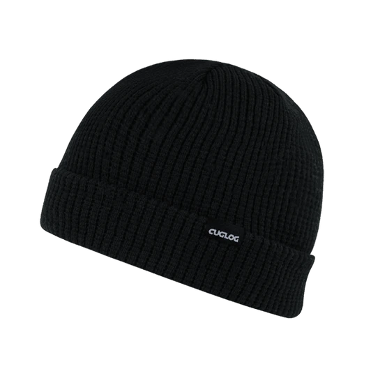 A black knit beanie featuring a simple logo on the side.