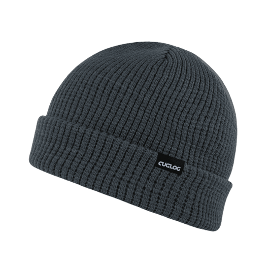 A grey ribbed beanie with a folded cuff and a small logo tag.
