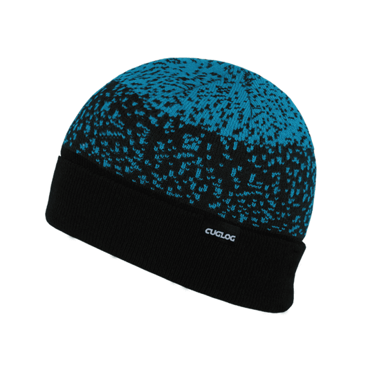 A knitted beanie featuring a black and turquoise pattern with a folded cuff and a logo on the side.