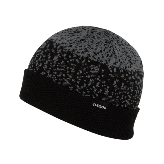 A knitted beanie in black and grey with a textured pattern and a small logo.