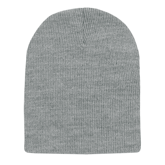 A grey beanie with a ribbed texture and a rounded top. It features a logo but no text.