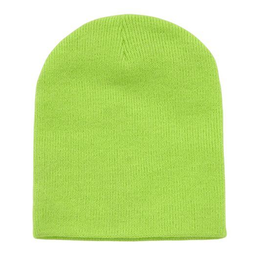 A bright green beanie with a ribbed texture and a classic beanie shape, featuring no visible logos.