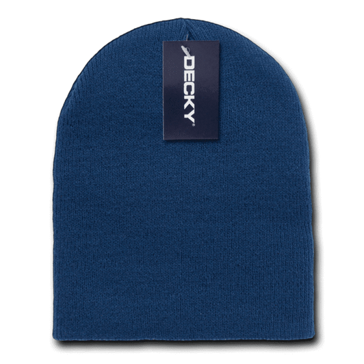 Acrylic short knit cap in a deep navy blue, featuring a branded tag.