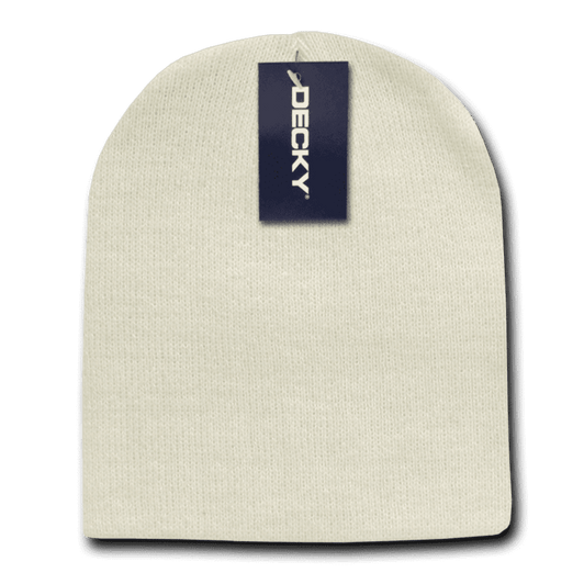 Acrylic short knit cap in cream colour with a logo tag attached.