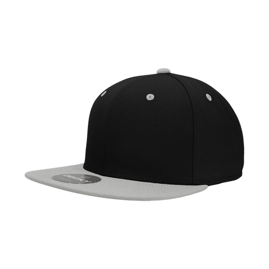 A black six-panel high profile structured fitted cap with a grey brim, featuring a logo.