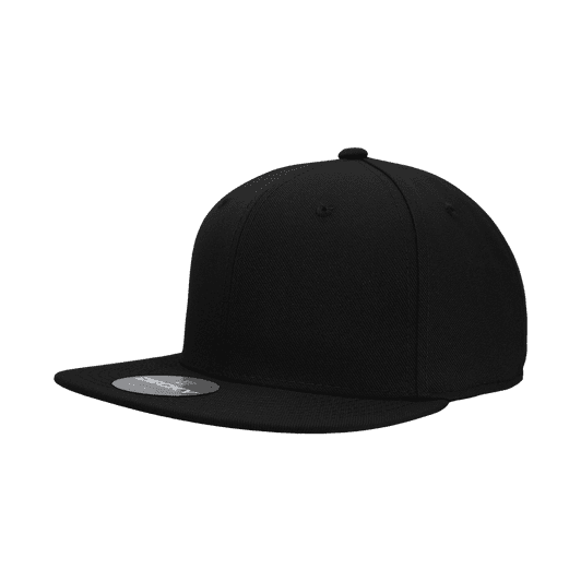 A black 6 panel high profile structured fitted cap with a flat brim and a logo on the side.