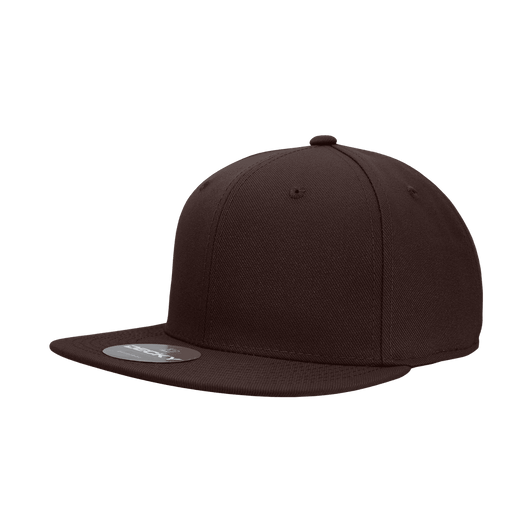 A dark brown high-profile structured fitted cap with a flat brim and a logo on the front.