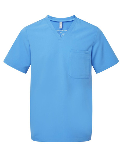 A blue Limitless Stretch Tunic with a V-neck and a front pocket, featuring a logo on the tag.