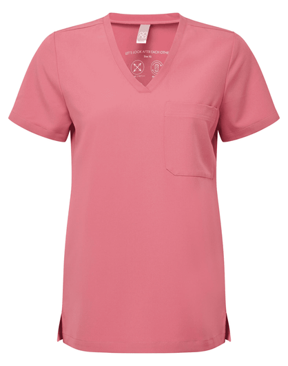 A pink women's tunic featuring a V-neck, short sleeves, and a chest pocket, with side slits for added comfort.
