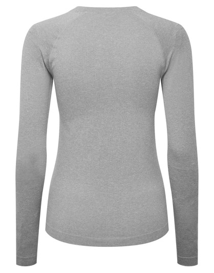 A long-sleeved, grey underscrub baselayer featuring a fitted design and a logo on the back.