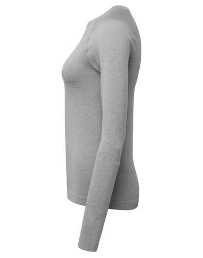A grey long-sleeve underscrub baselayer for women displayed from the side, featuring a fitted design and a logo.