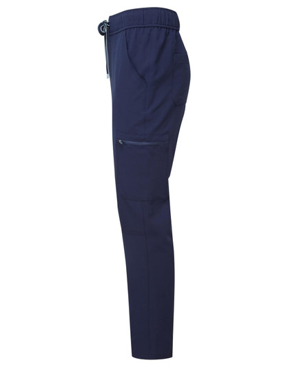 A pair of navy cargo pants featuring an elastic waistband and side pockets, with a sleek and modern design.