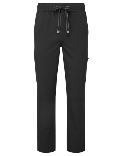 Black cargo pants featuring a drawstring waist and multiple pockets, with a logo present.