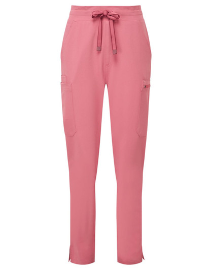 Pink women's cargo pants with a drawstring waist and side pockets, featuring a logo on the fabric.
