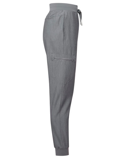 A pair of women's jogger pants in grey, featuring a waistband with drawstring and side pockets. Includes branding.