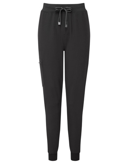 Black women's jogger pants featuring a drawstring waist and side pockets, with a logo on the fabric.