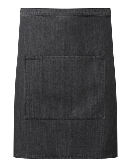 A dark denim mid-length pocket apron featuring a large front pocket and a simple design. It has a logo.