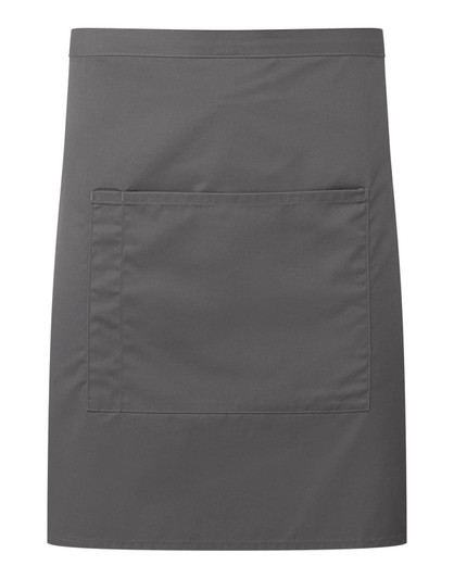 A grey mid-length pocket apron featuring a large front pocket and a simple design. It has a logo on it.