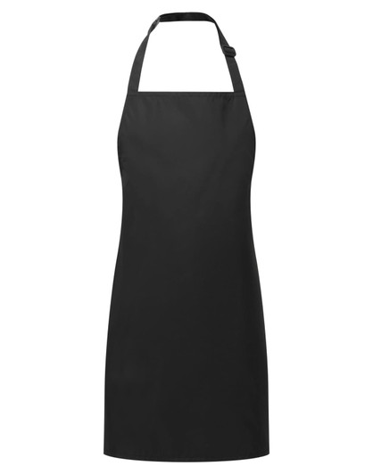 A black kids' waterproof apron with a simple design and adjustable neck strap. It features a logo.
