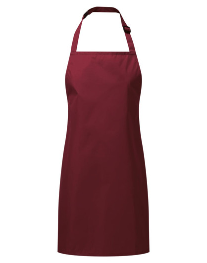 A maroon waterproof apron with a neck strap, suitable for children, featuring a logo on the front.