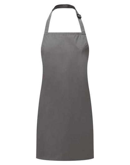 A waterproof kids' apron in grey with an adjustable neck strap and a branding logo.