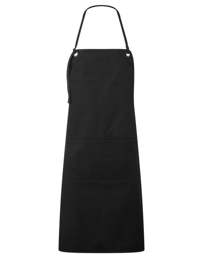 A black canvas apron featuring double pockets and an adjustable neck strap, with a logo present.