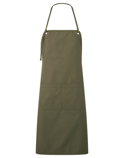 An olive-green canvas apron with a double pocket design and an adjustable neck strap.